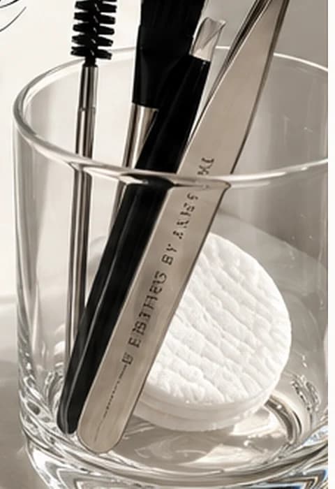 Brow tools and engraved Esthetics By Anna tweezers in a glass